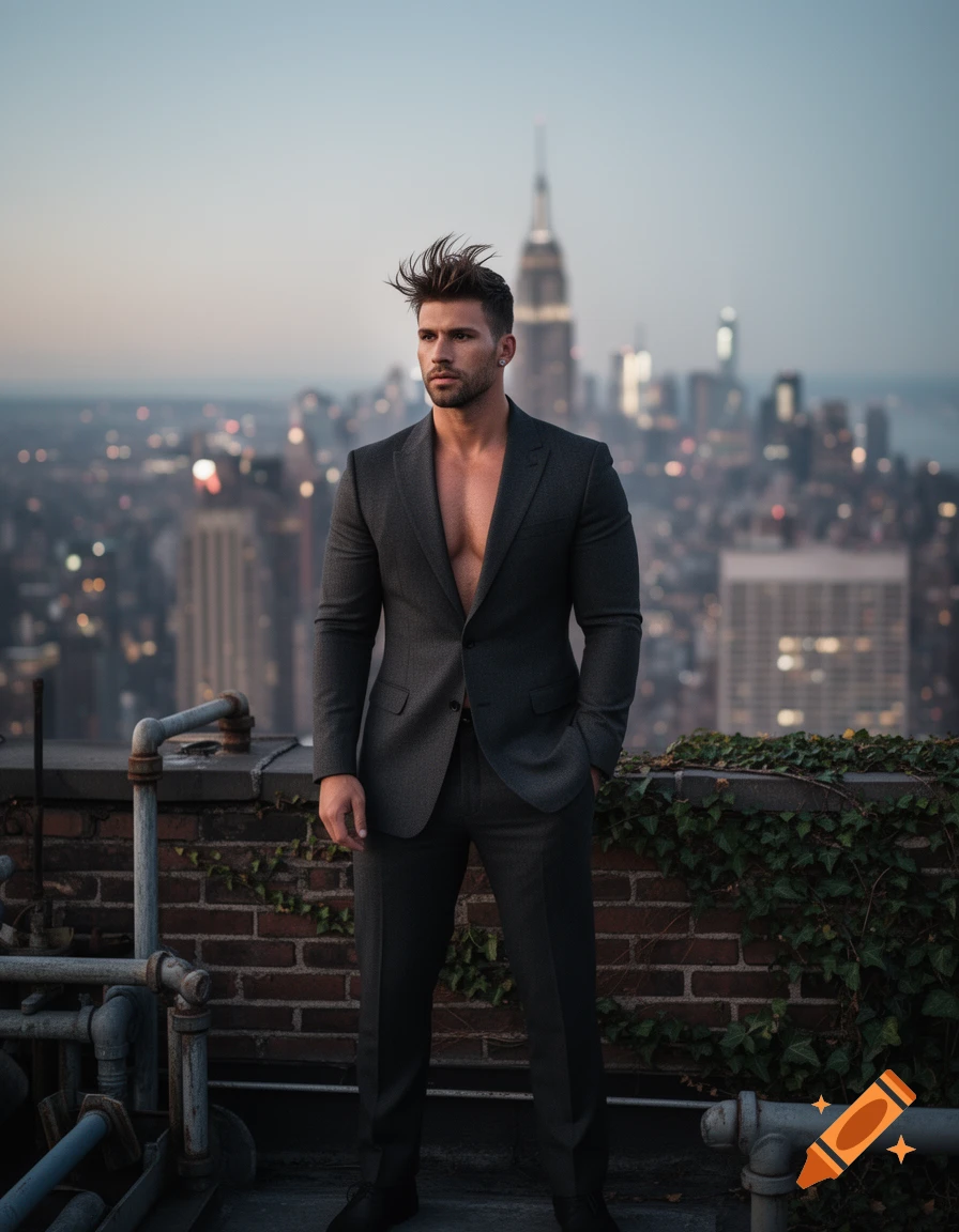 A man in an open suit jacket stands on a rooftop overlooking a blurred city skyline at dusk, in a photorealistic style.
