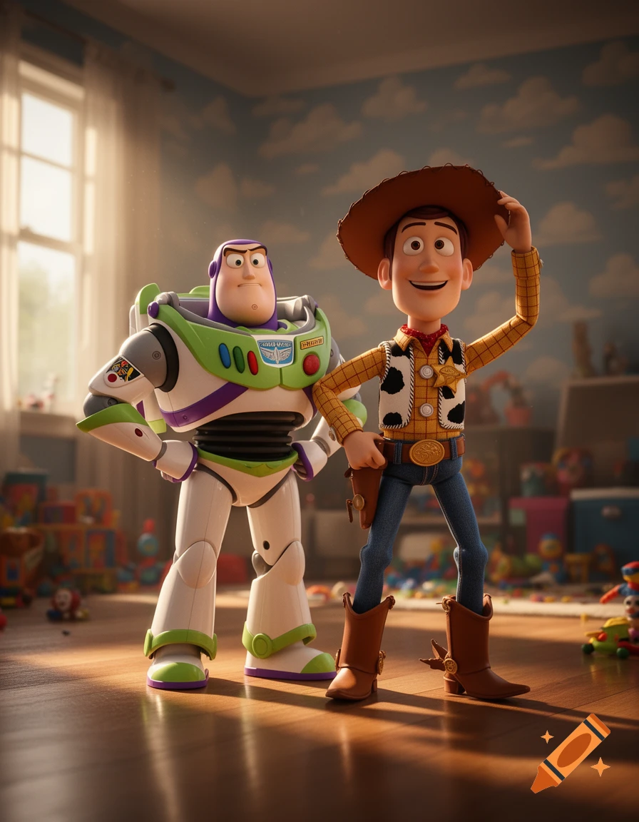 Buzz Lightyear and Woody from Toy Story stand on a wooden floor in a child's brightly lit room, looking forward. Buzz is on the left, Woody on the right with his hand on his hat.