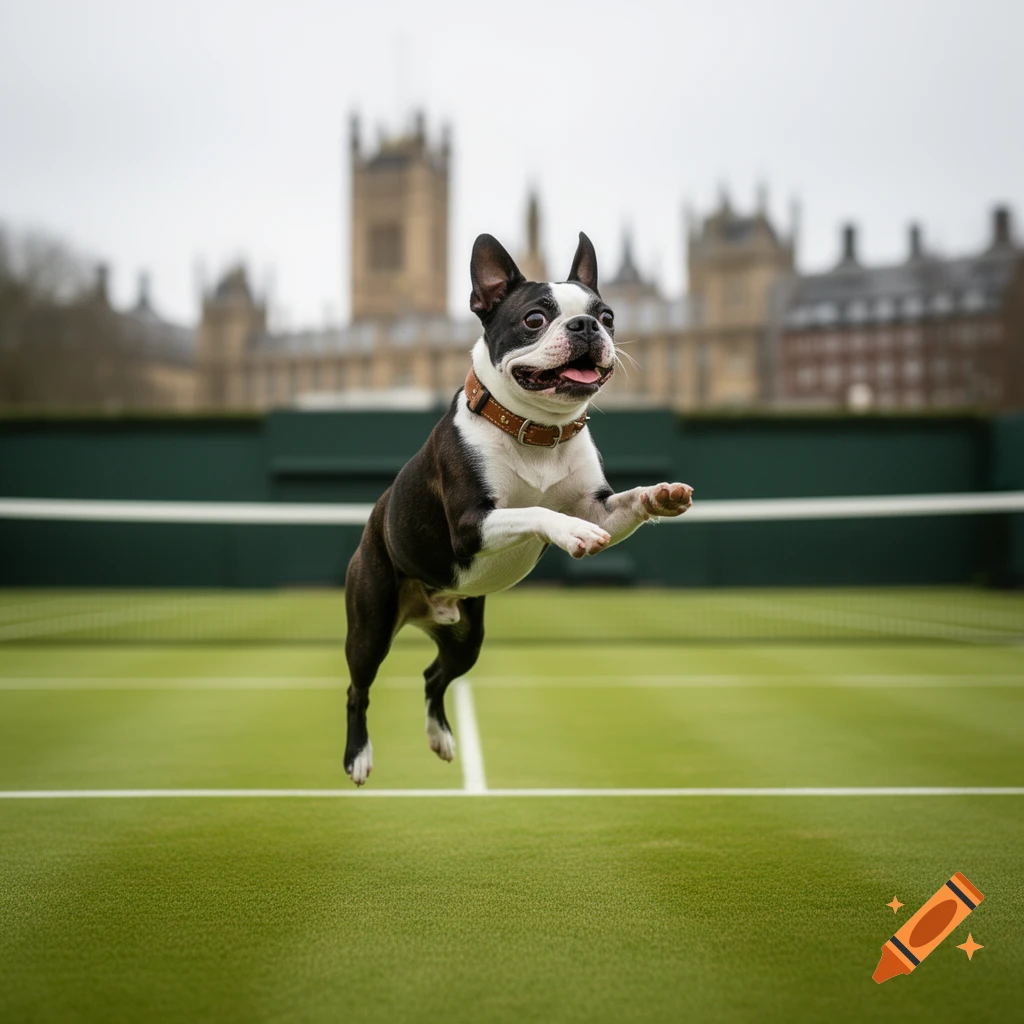 A Boston terrier jumps in mid-air on a green tennis court with blurry historic buildings in the background.