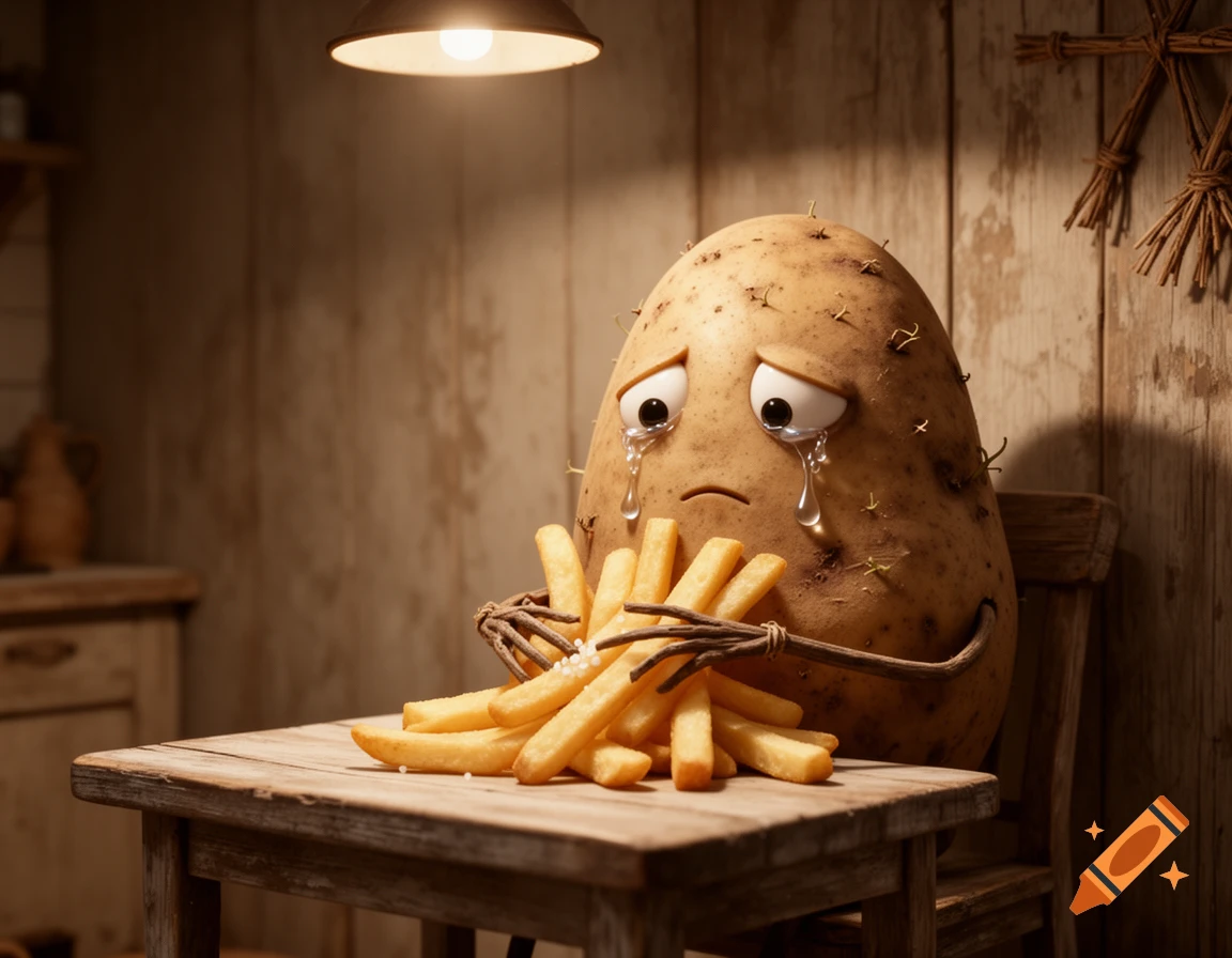 A 3D render of a crying anthropomorphic potato with twig arms, holding french fries at a wooden table in a rustic room.