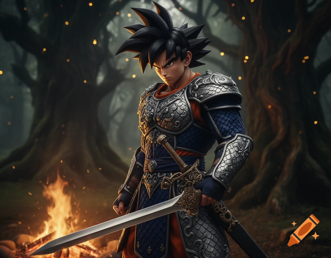 Son Goku in detailed silver and blue fantasy armor, holding a sword by a campfire in a dark, glowing forest.