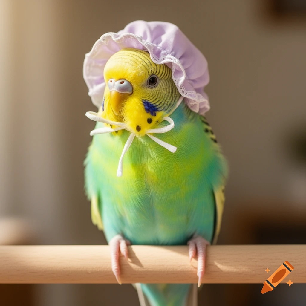 A photorealistic budgie wearing a lavender bonnet perches on a wooden bar.