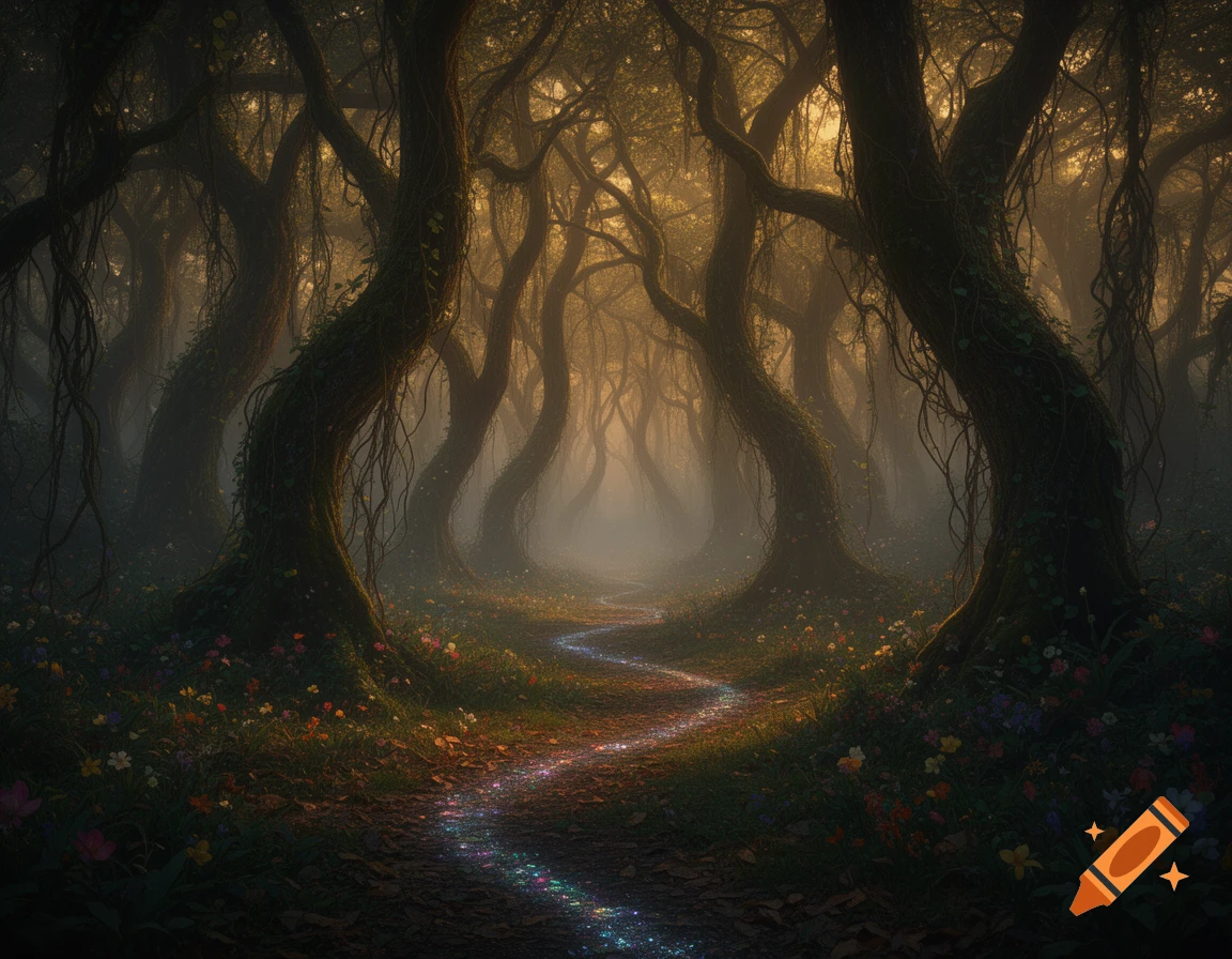 A winding, sparkling path leads through a dark, misty, enchanted forest with gnarled trees and scattered wildflowers, bathed in a golden light.
