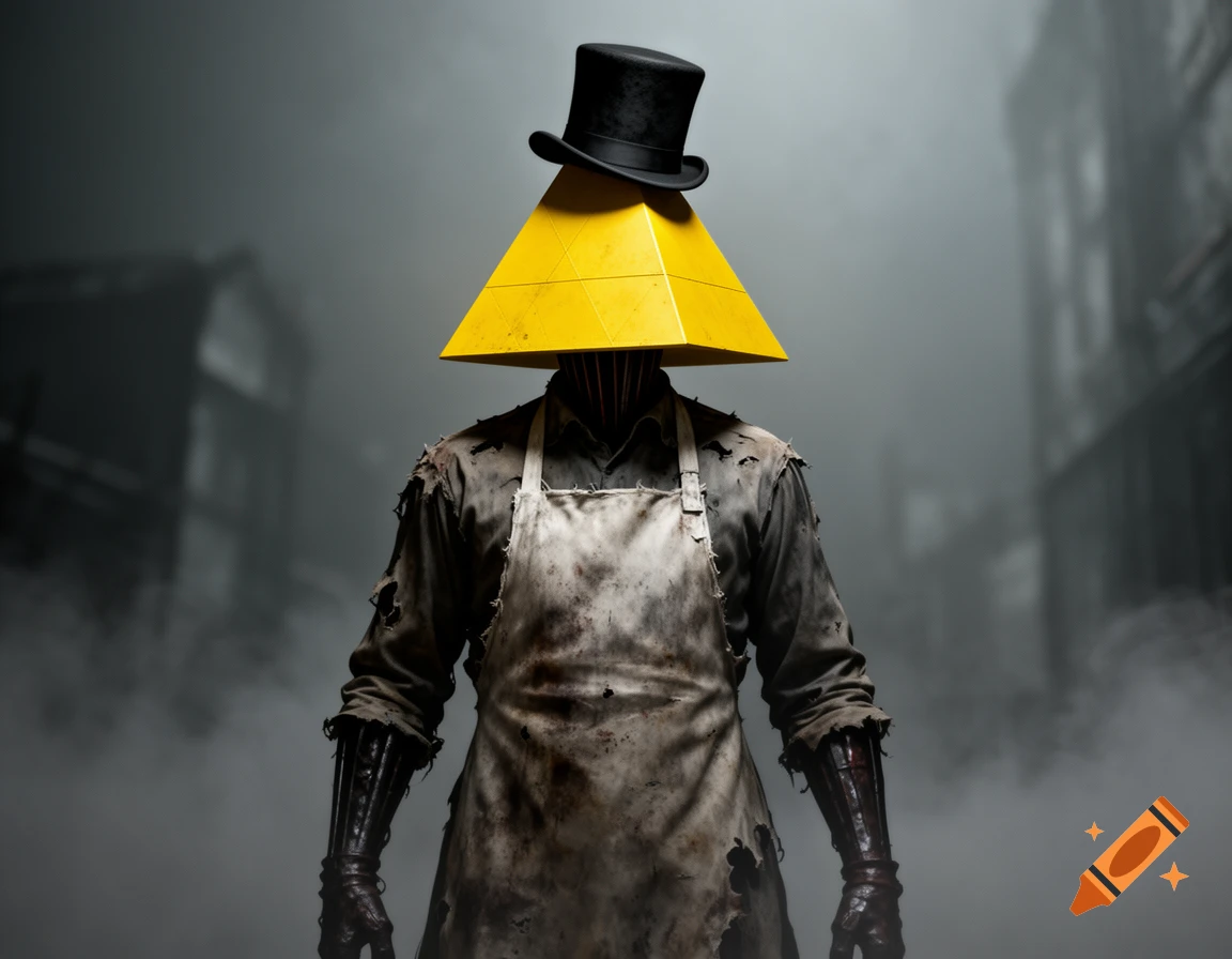 A dark figure with a yellow pyramid head and a black top hat, dressed in a dirty, torn apron, stands in a smoky setting.