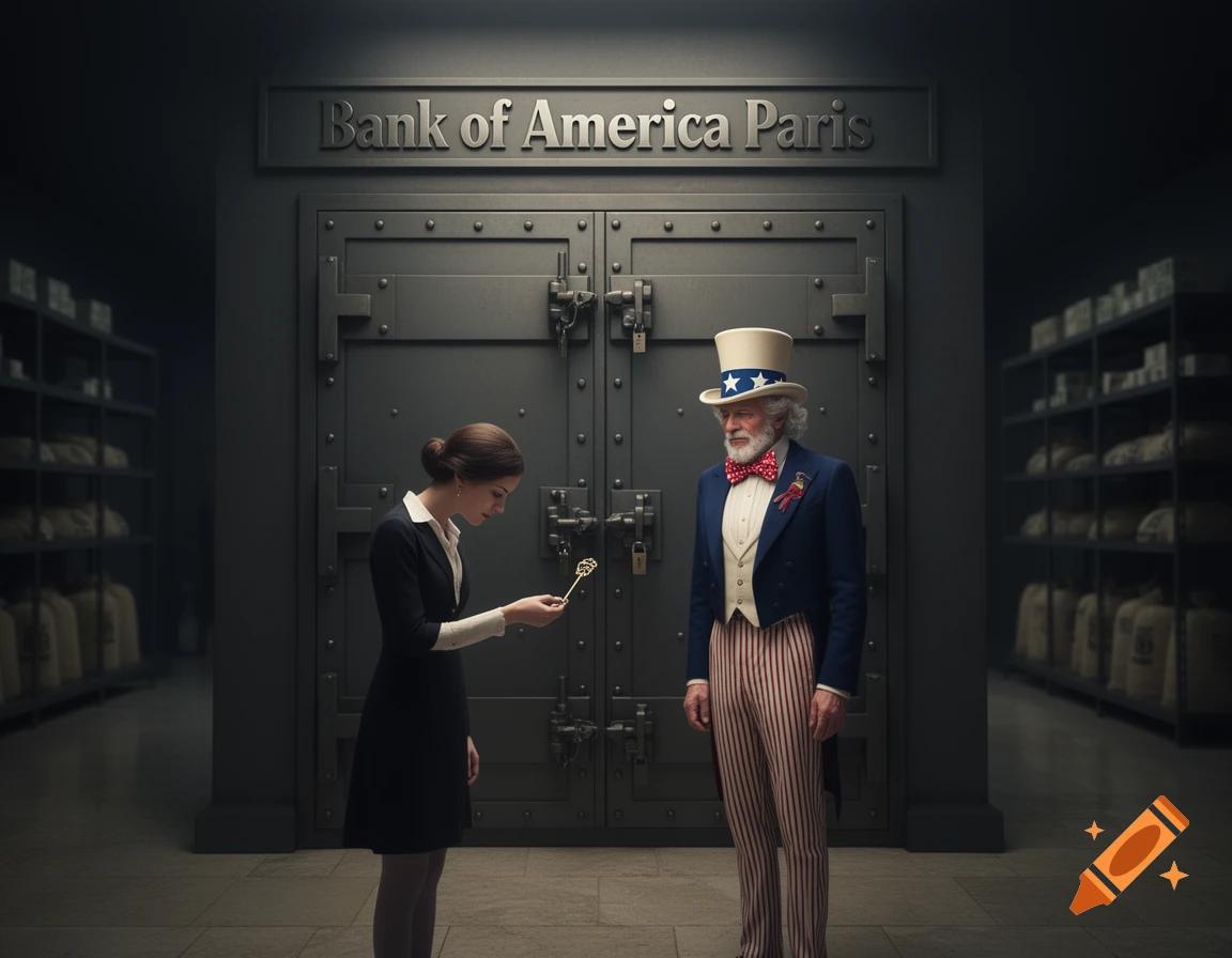 A woman gives a key to Uncle Sam in front of a vault labeled 'Bank of America Paris' in a dark, photorealistic style.