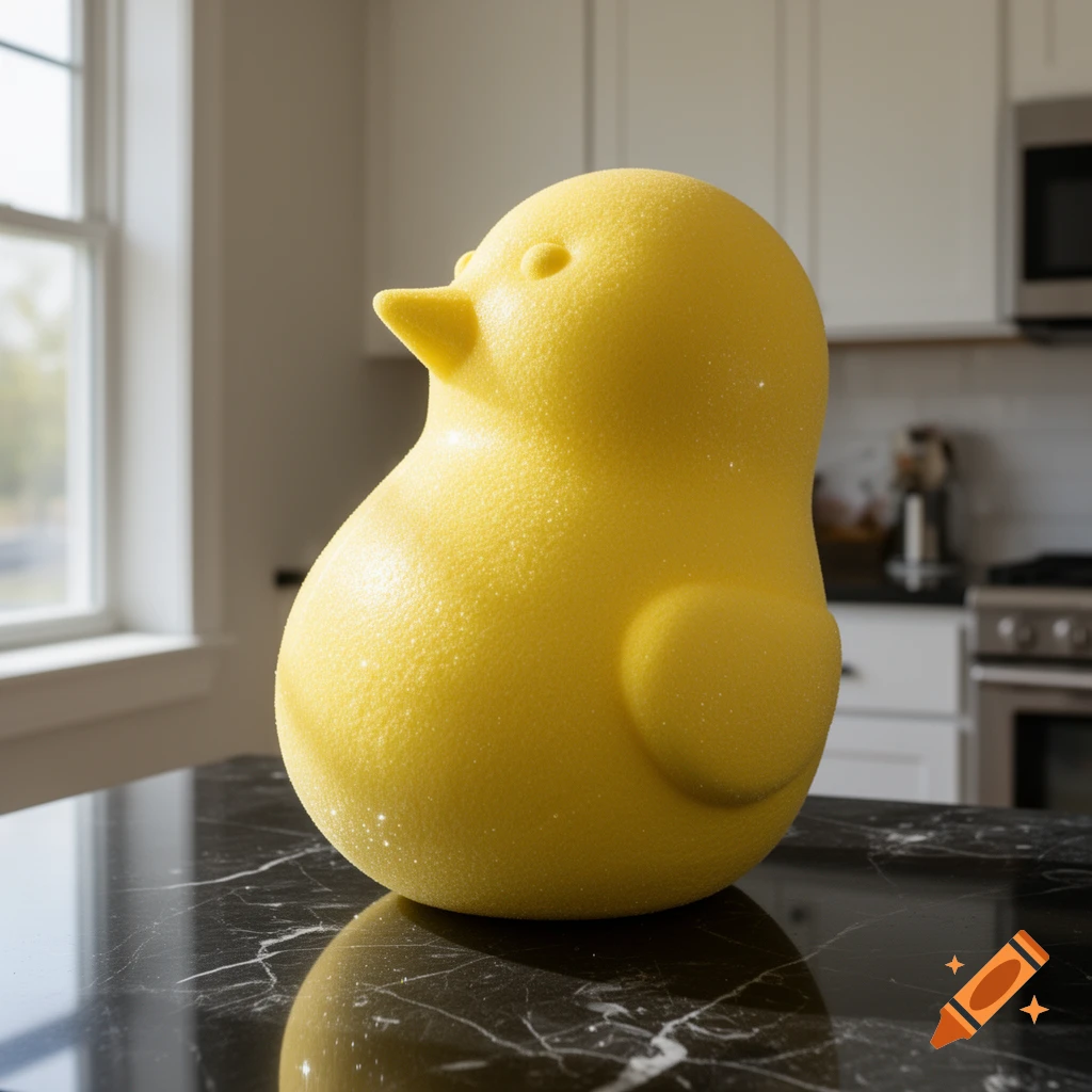 A large, textured yellow marshmallow chick sits on a dark marble kitchen counter, reflecting in the glossy surface.