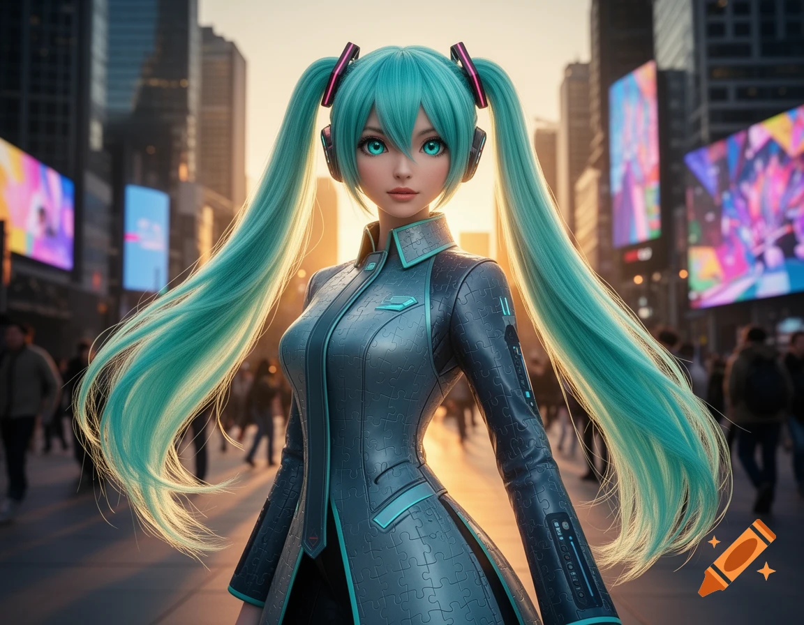 Anime-style Hatsune Miku with long teal pigtails in a futuristic suit, standing on a bustling city street with bright billboards.