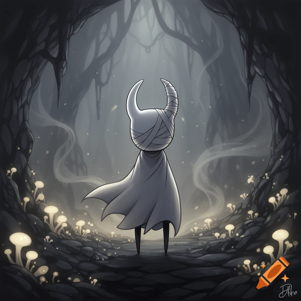 The Hollow Knight with a bandaged head stands in a dark, glowing mushroom cave, stylized illustration.