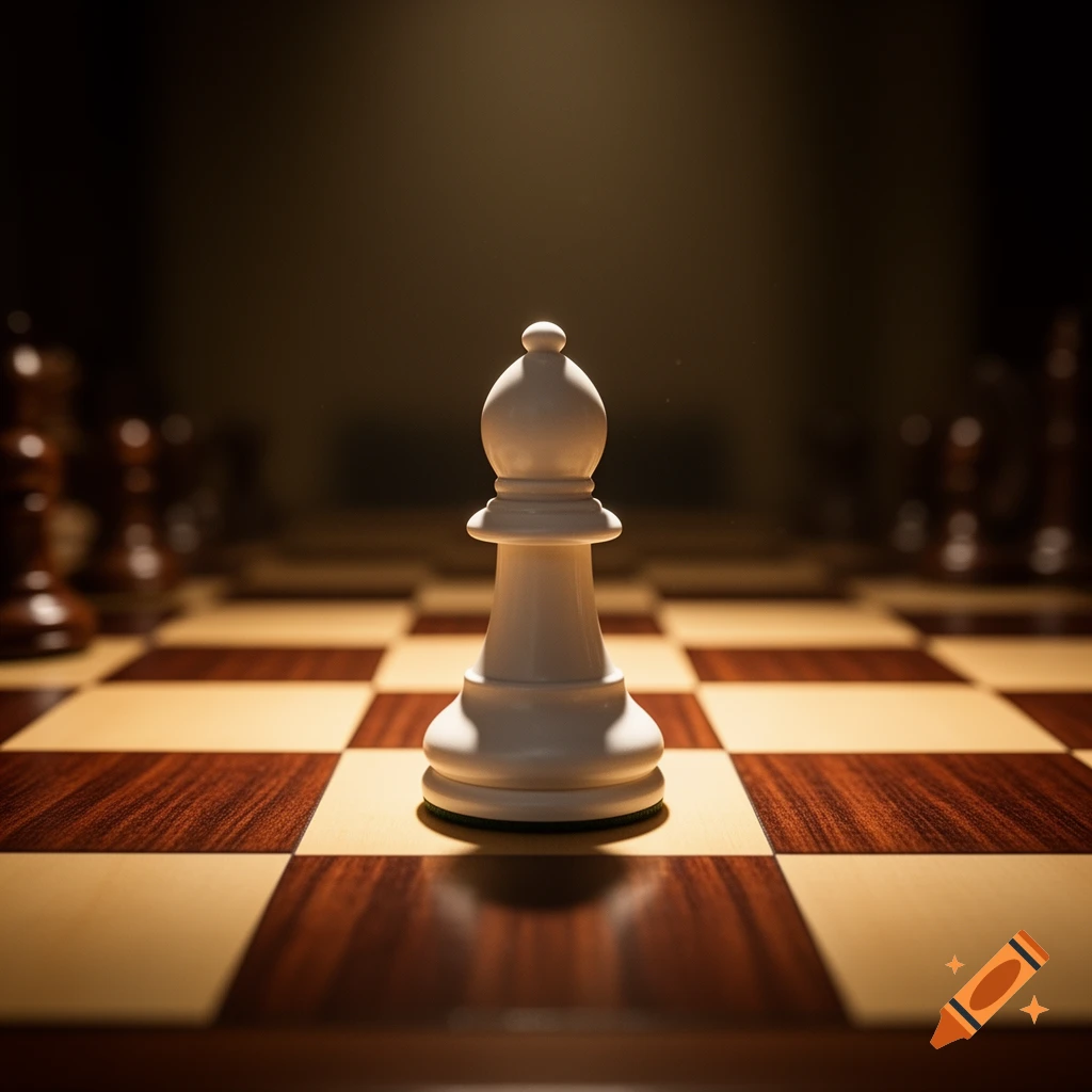 A white chess bishop stands on a wooden chessboard, dramatically lit from above.