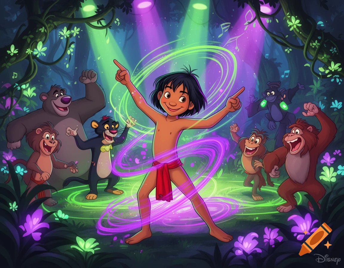 Mowgli dances with Baloo, Bagheera, and monkeys in a vibrant jungle rave, bathed in neon green and purple lights, in a cartoon style.