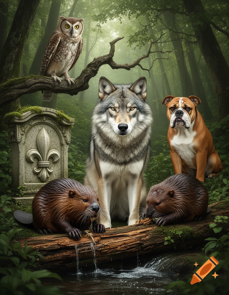 Photorealistic image of an owl on a branch, a wolf, a bulldog, and two beavers by a stream with a stone monument in a lush forest.