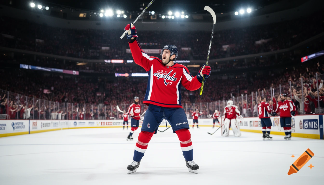 A hockey player in a red "Capitals" jersey celebrates on the ice, raising two hockey sticks in a packed arena. Photorealistic style.