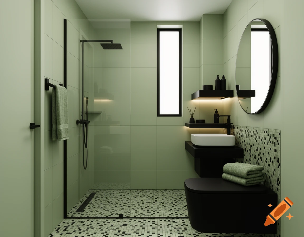 A modern sage green and black bathroom featuring a shower with glass partition, round mirror, white sink, and black toilet.