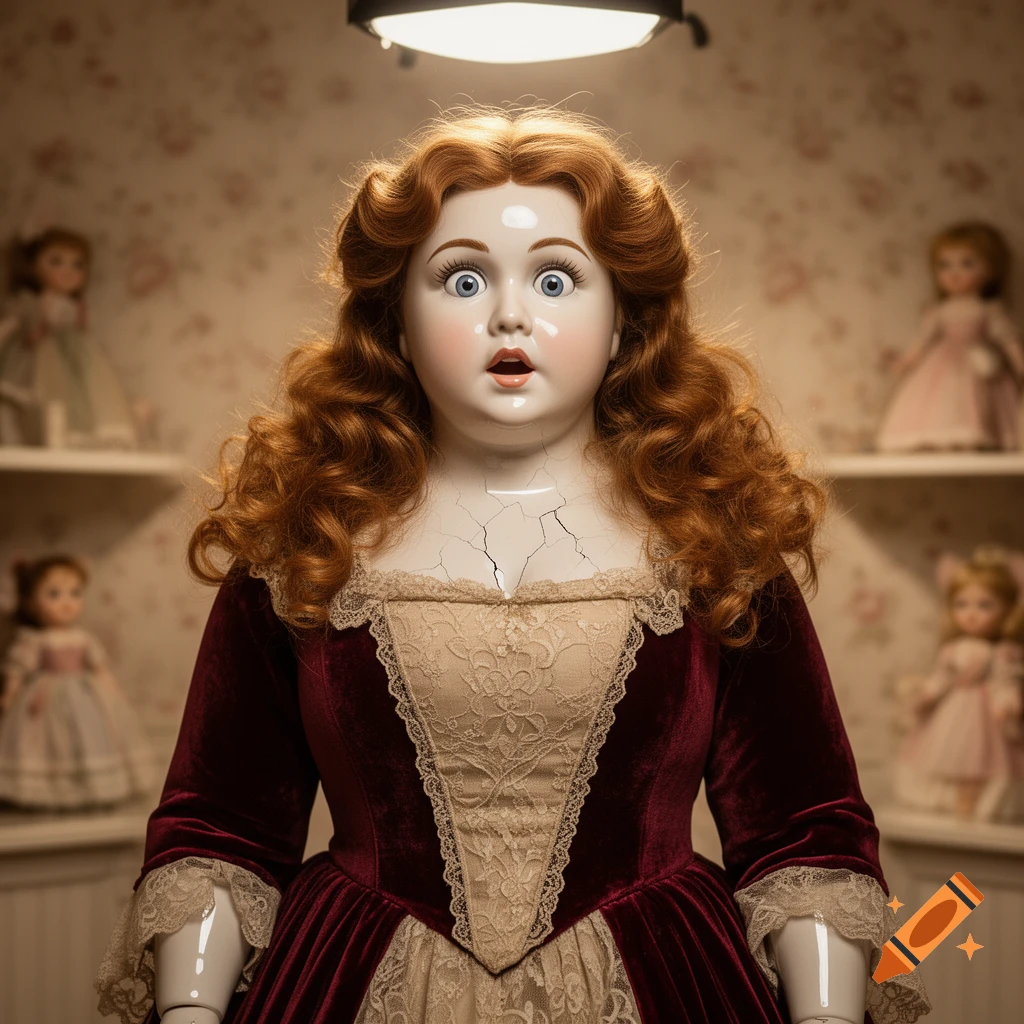 A close-up, photorealistic image of a vintage doll with red curly hair and wide blue eyes, depicting a surprised expression. Cracks are visible on its porcelain neck and chest, and it wears a dark red velvet dress with lace. Other blurred dolls are in the background.