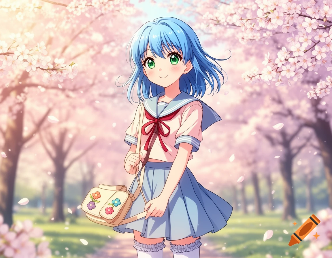 Anime girl with blue hair in a school uniform carrying a bag, walking under blooming cherry blossoms.