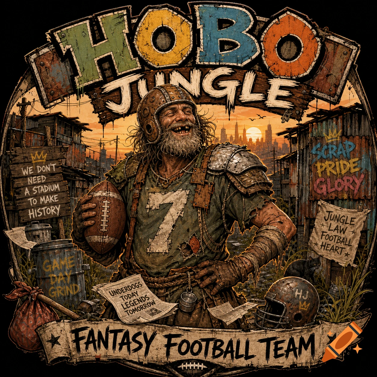 Distressed fantasy football logo featuring a smiling hobo in ragged football gear, holding a ball, amidst a slum with various text.