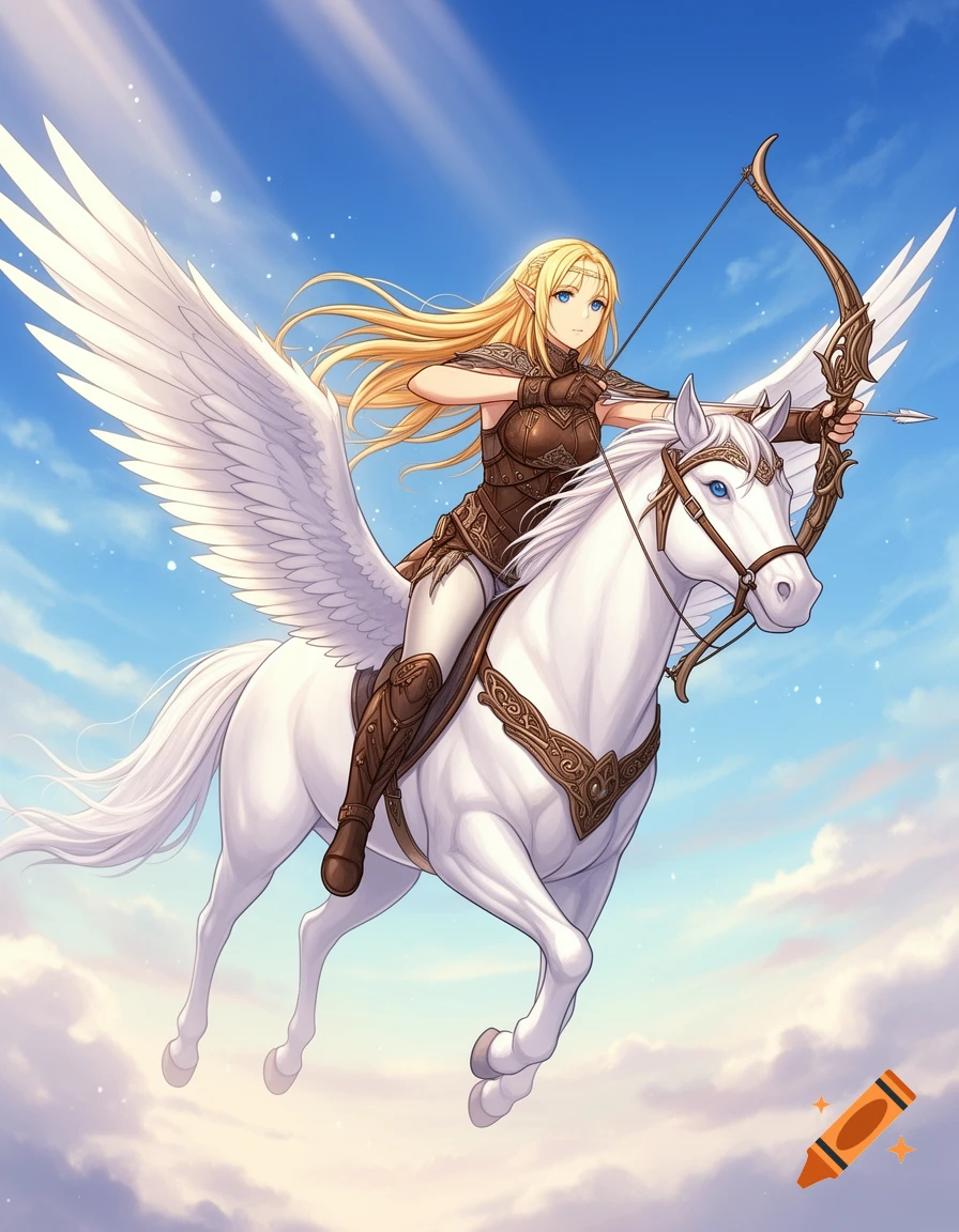 Anime blonde elf hunter with a bow, riding a white pegasus through a bright blue sky with clouds.