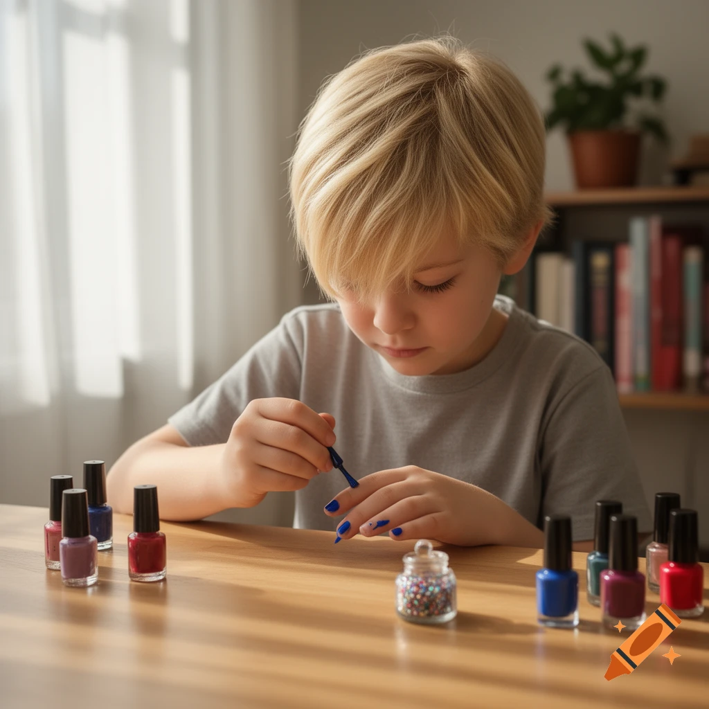 A young blond boy intently paints his fingernails blue, surrounded by colorful nail polish bottles on a wooden table, photorealistic style.