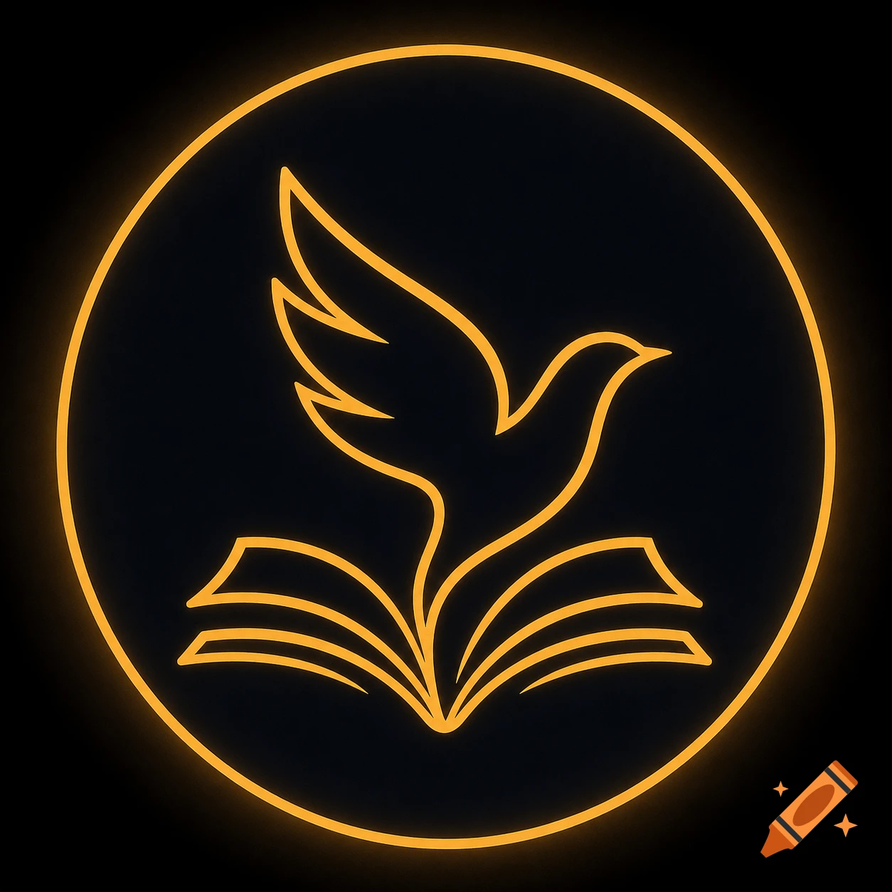 A minimalist neon-style icon features a continuous amber line-art of a bird taking flight from an open book, within a circular border on a dark background.