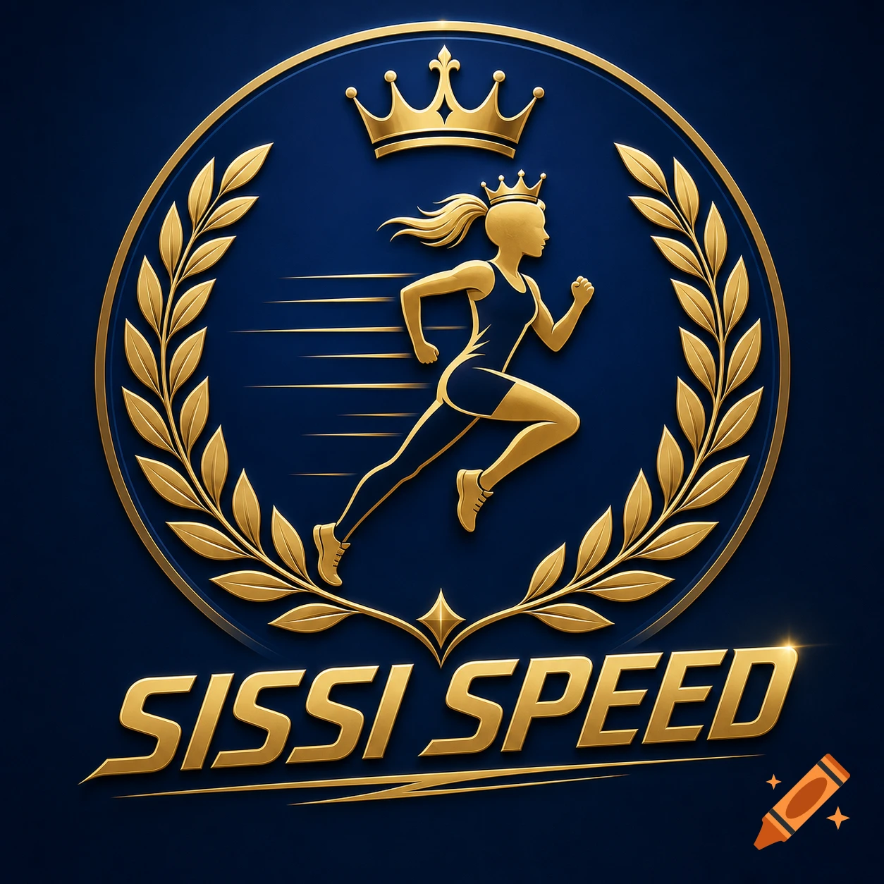 A gold and blue logo featuring a stylized female runner in a crown within a circular gold wreath, with the text 'SISSI SPEED'.