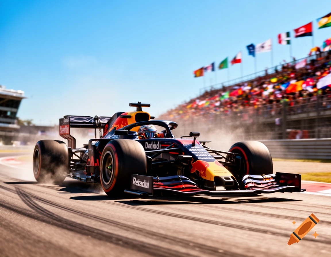 A dynamic, photorealistic shot of a red and black Formula 1 car speeding on a racetrack under a clear blue sky, with crowds and flags in the background.