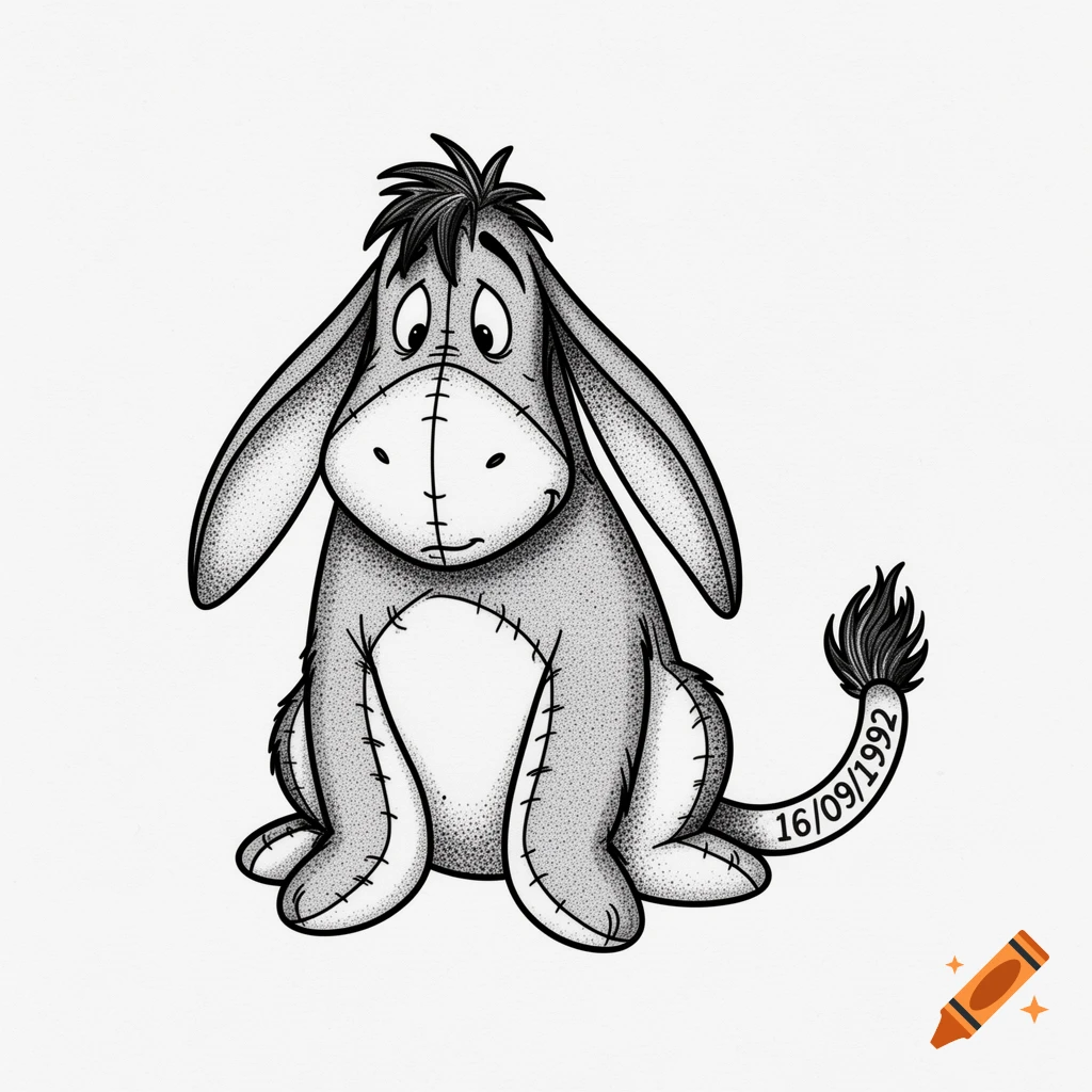 Black and white stippled illustration of Eeyore from Winnie the Pooh, sitting with '16/09/1992' written on his tail.