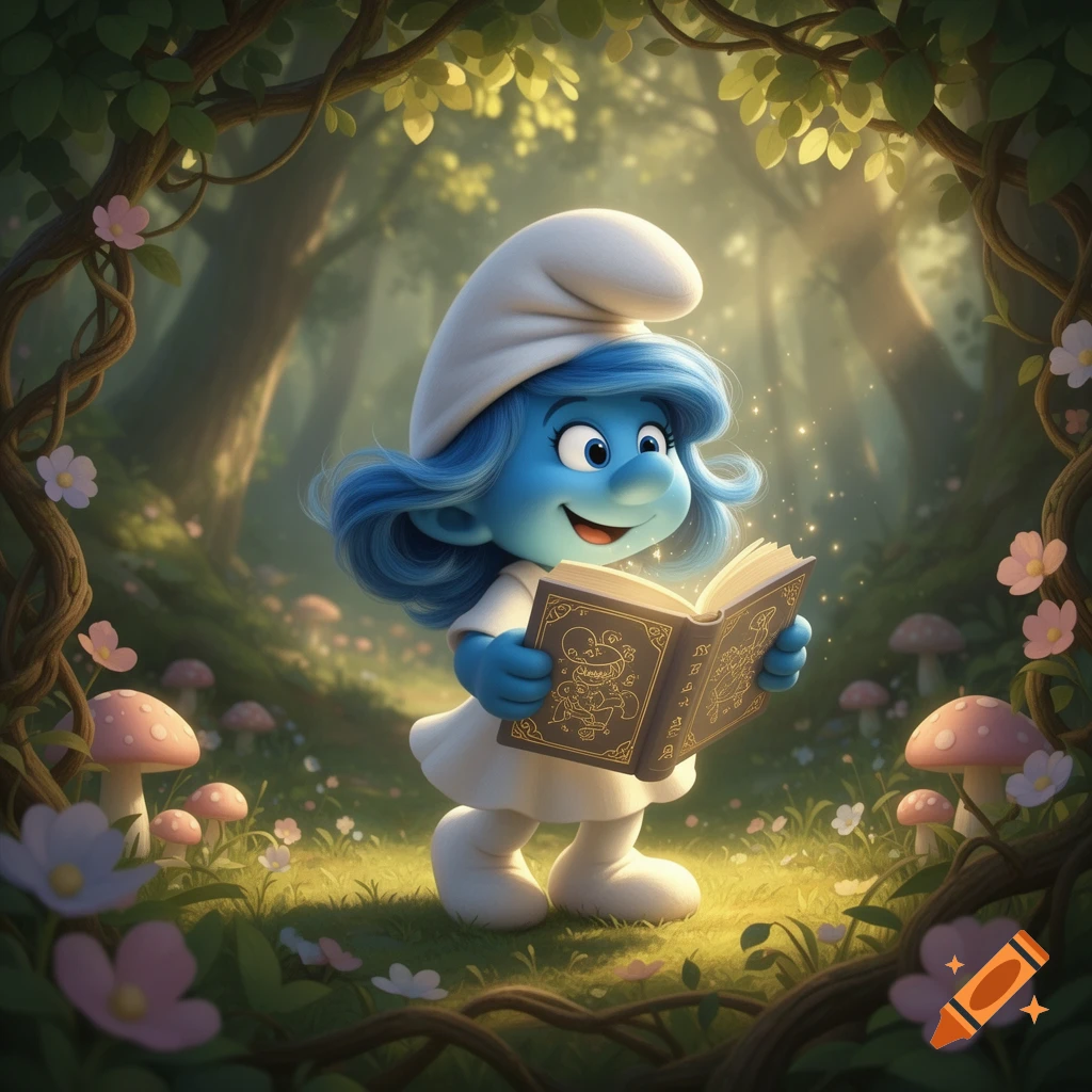 A blue Smurf with long blue hair and a white hat reads a glowing book in a whimsical forest with mushrooms and flowering vines.
