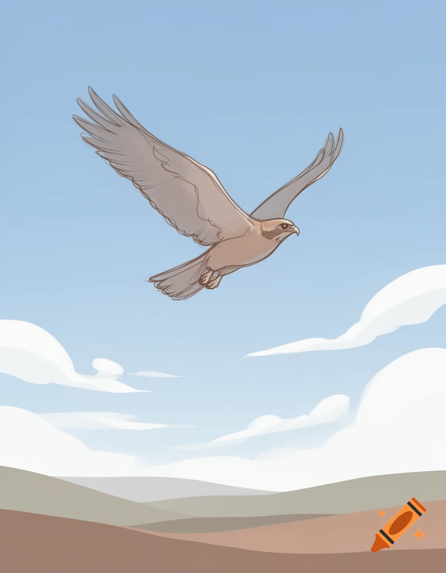 A simplified illustration of a light brown buzzard with outstretched wings soaring through a light blue sky with white clouds over rolling hills.