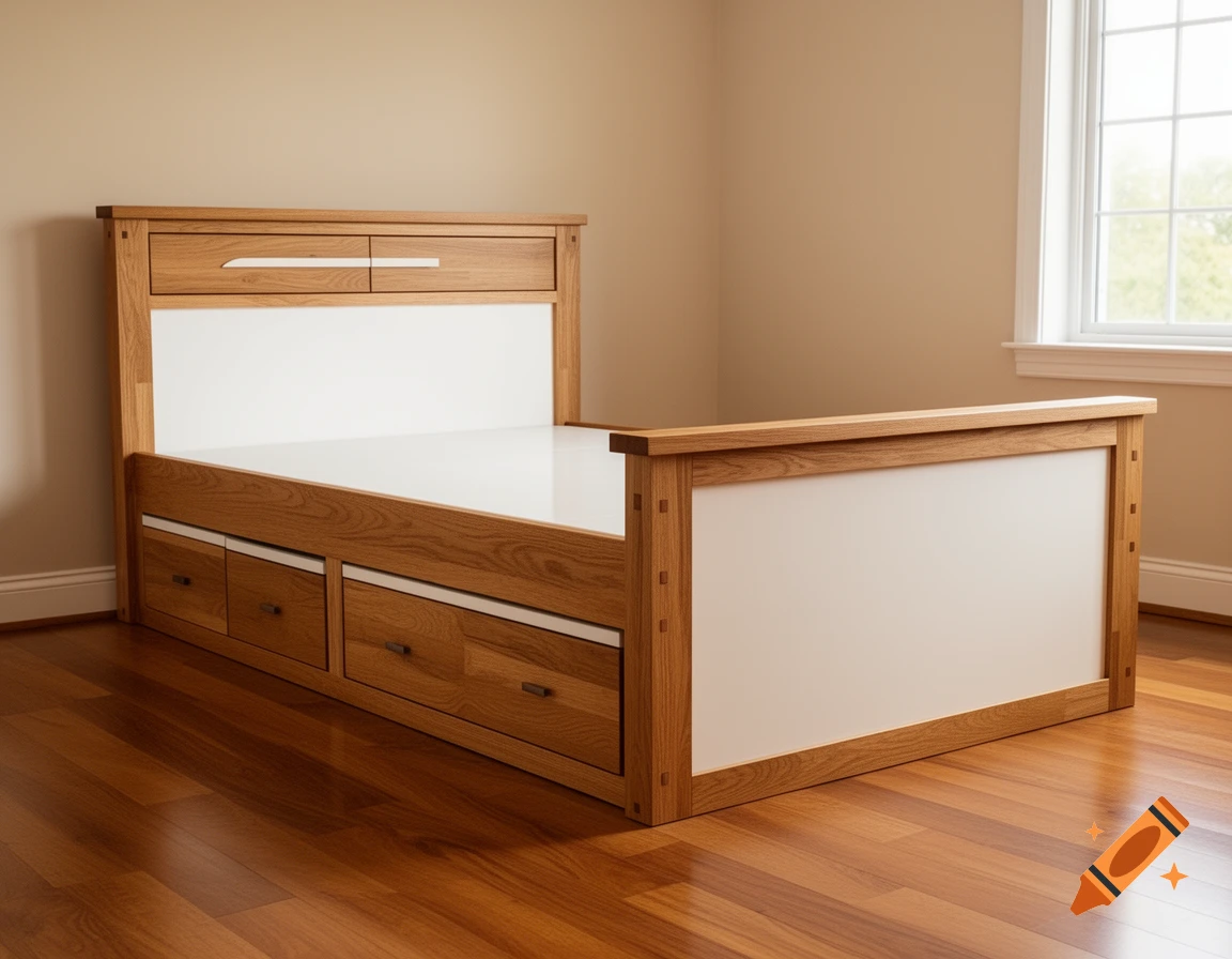 A modern wooden bed with integrated drawers and white headboard and footboard panels, set in a minimalist room with a window.