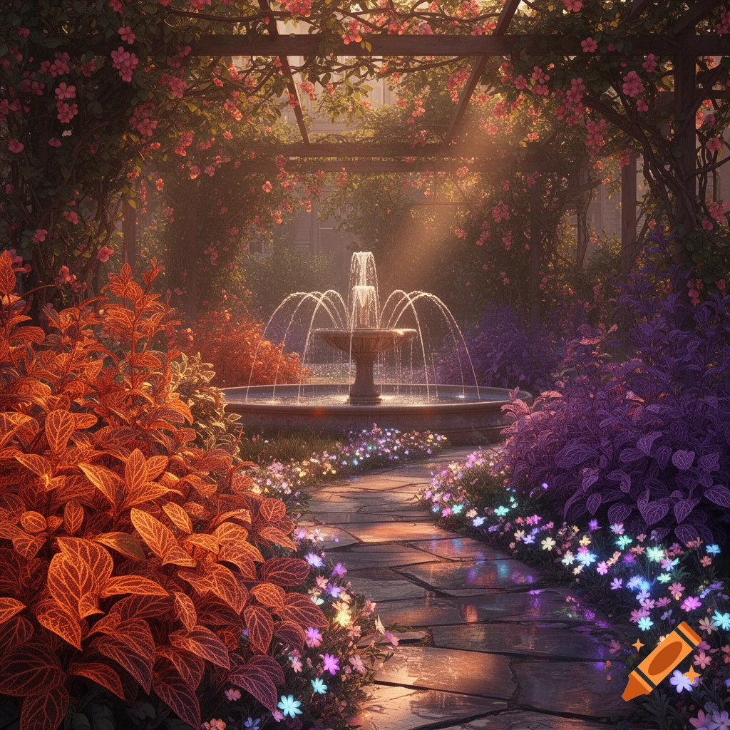 A magical garden path leads to a tiered stone fountain, surrounded by glowing orange, purple, and colorful flora under a sunlit arbor.