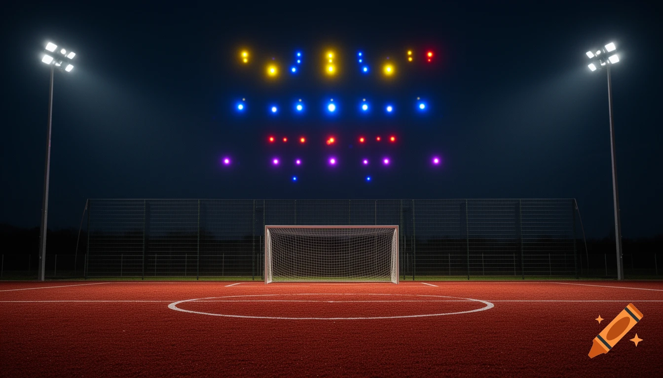 A nighttime view of a red football field with a goal and stadium lights, and colorful, glowing UFO-like lights in the sky.