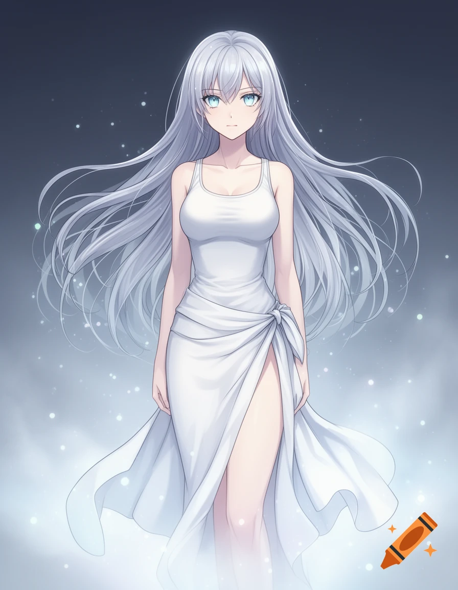 Anime woman with long silver hair and blue eyes, wearing a white tank top and flowing sarong with a high slit, surrounded by sparkling mist.