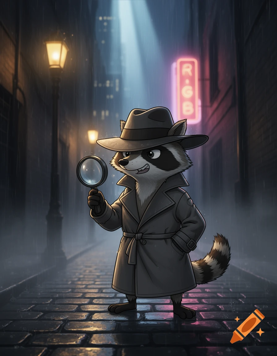 A cartoon raccoon detective in a trench coat and fedora stands in a rainy city alley, holding a magnifying glass. Neon signs glow.