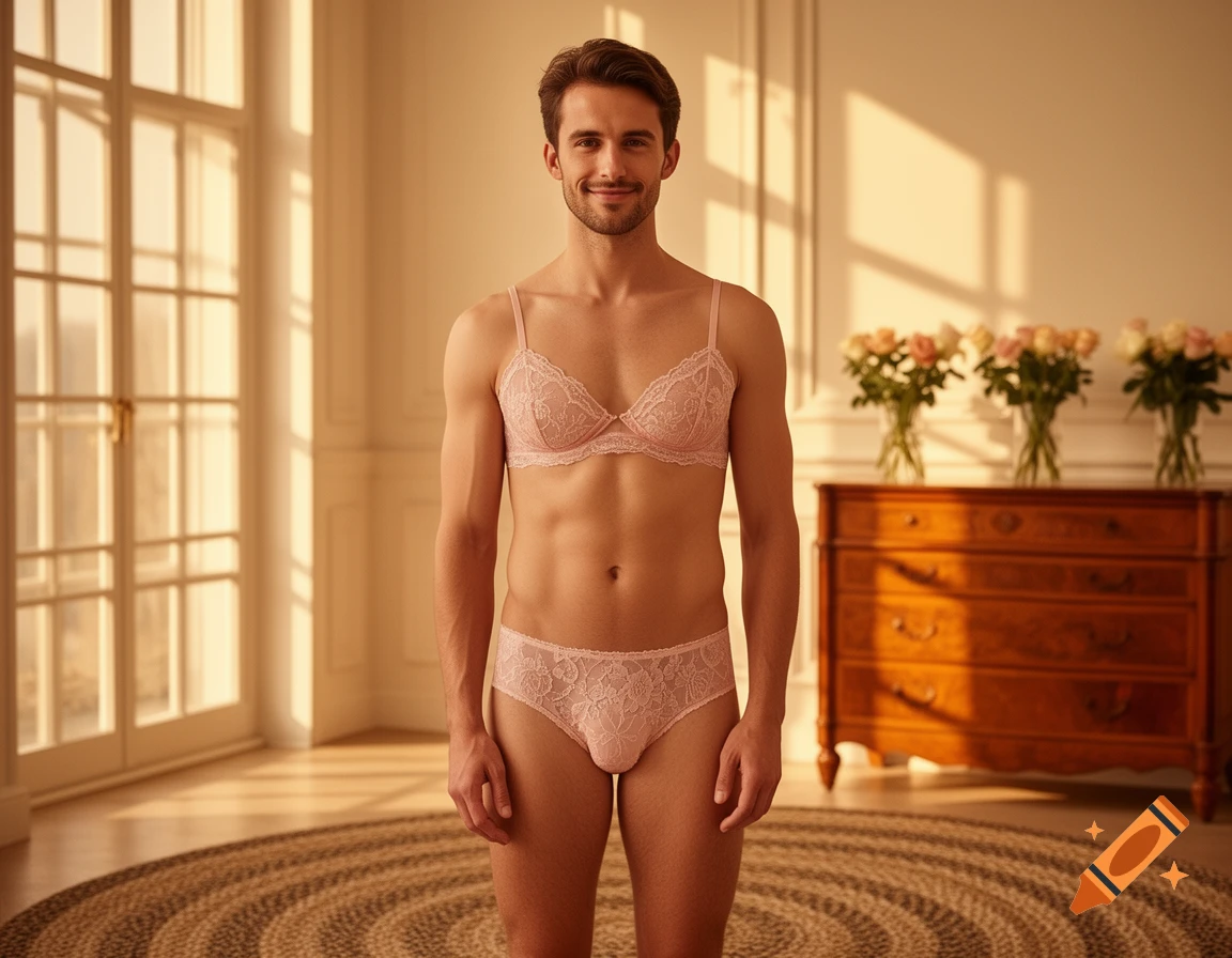 Smiling man in pink lace lingerie standing in a bright room with a dresser and flowers, photorealistic.