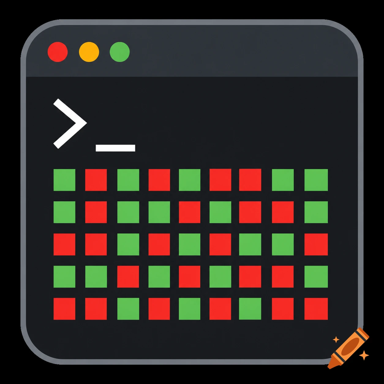 A minimalist application icon showing a dark terminal window with a white prompt symbol and a grid of alternating red and green squares.