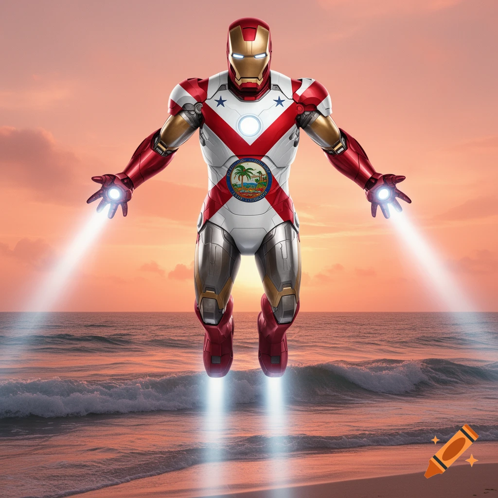 Iron Man with armor styled like the Florida flag, flying over a beach at sunset.