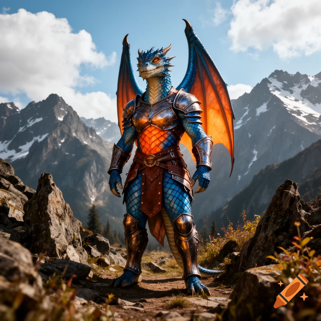 A majestic blue and orange dragonborn in detailed armor stands on a rocky mountain path.