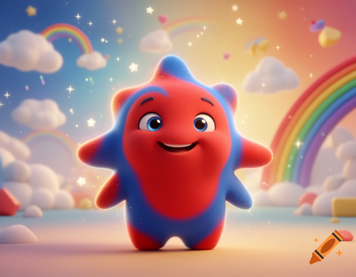 A red and blue star-shaped plush creature with a smiling face stands in a magical, rainbow-filled sky with clouds and sparkling stars.