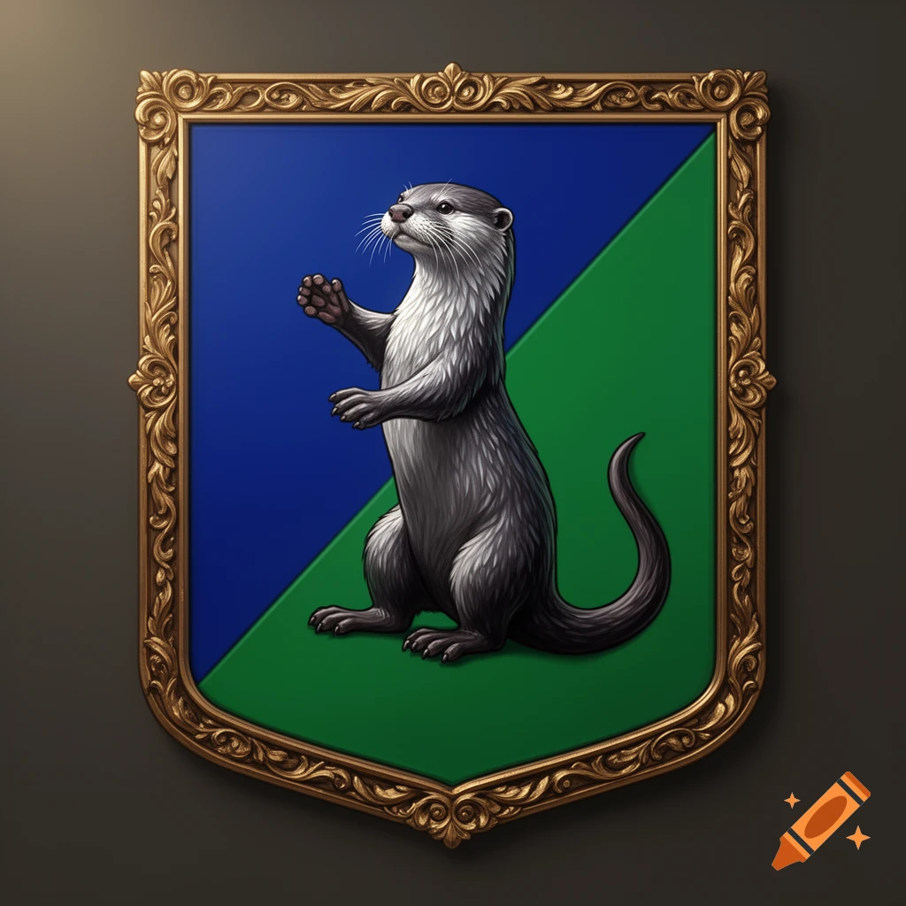 A heraldic shield featuring an otter rampant against a diagonally split blue and green background, framed in gold.