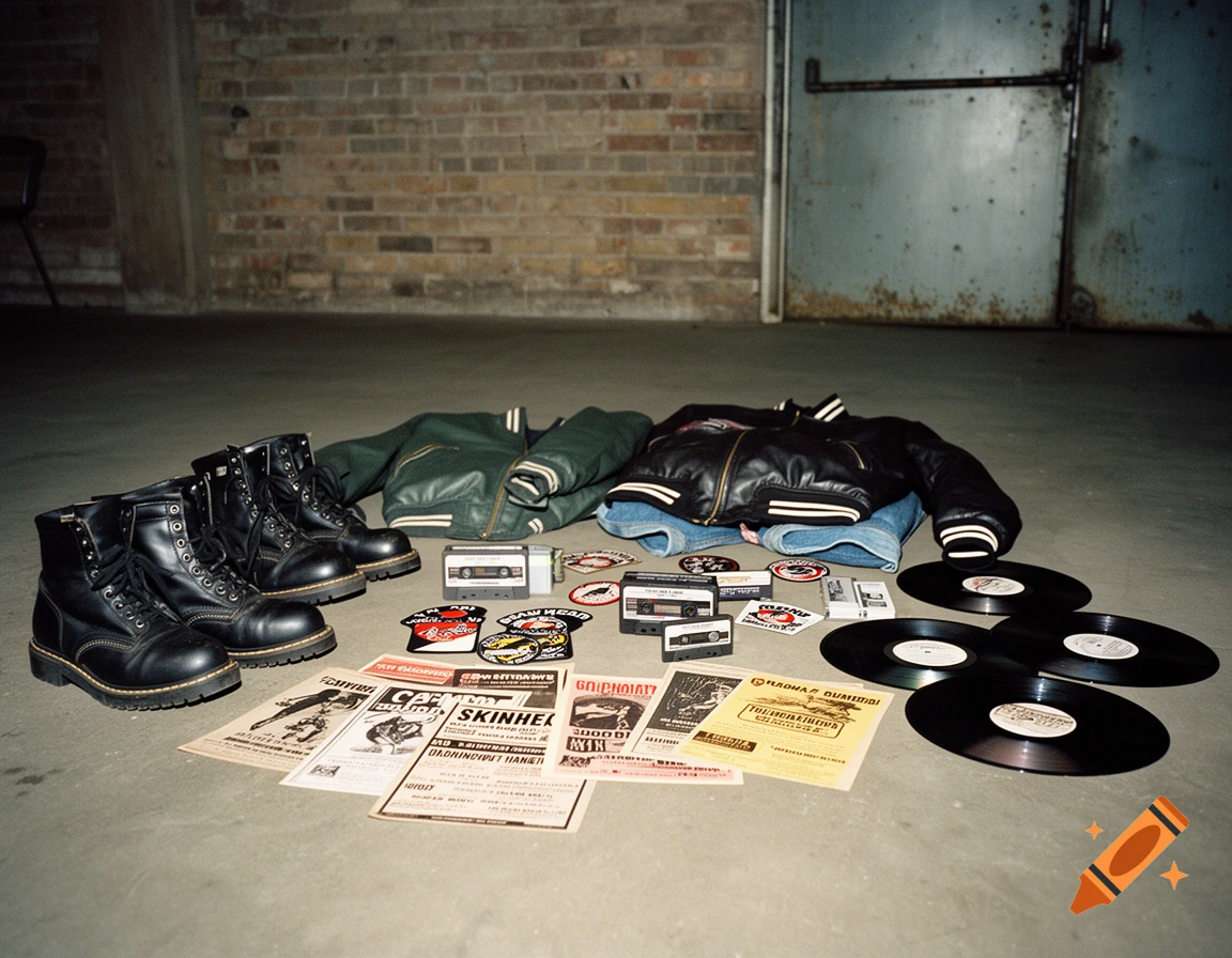 A collection of skinhead cultural items, including black boots, jackets, jeans, vinyl records, cassette tapes, and flyers, on a concrete floor in an industrial setting.