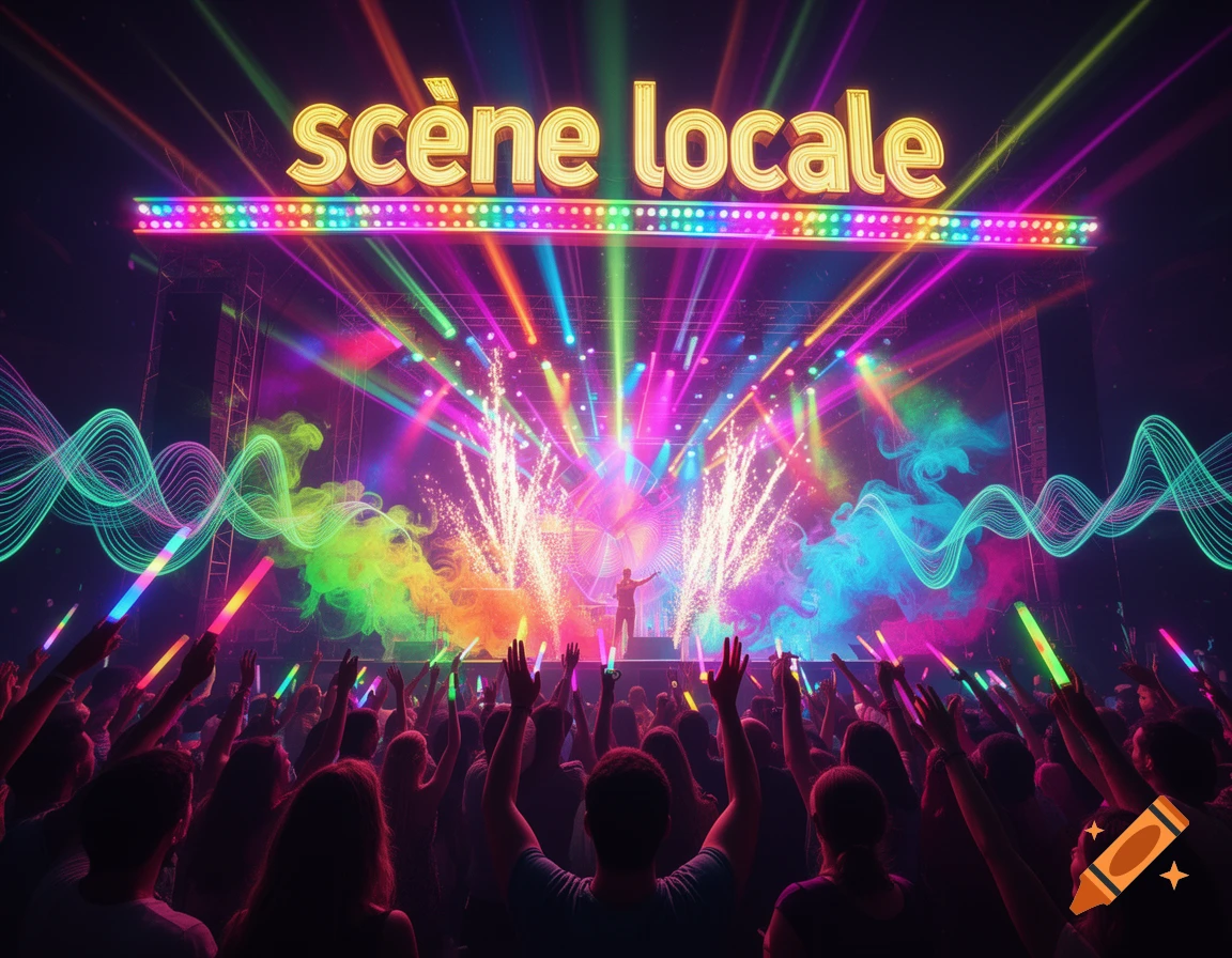 A vibrant concert scene with a large crowd, a stage lit by colorful lasers and fireworks, and an illuminated 'scène locale' sign.