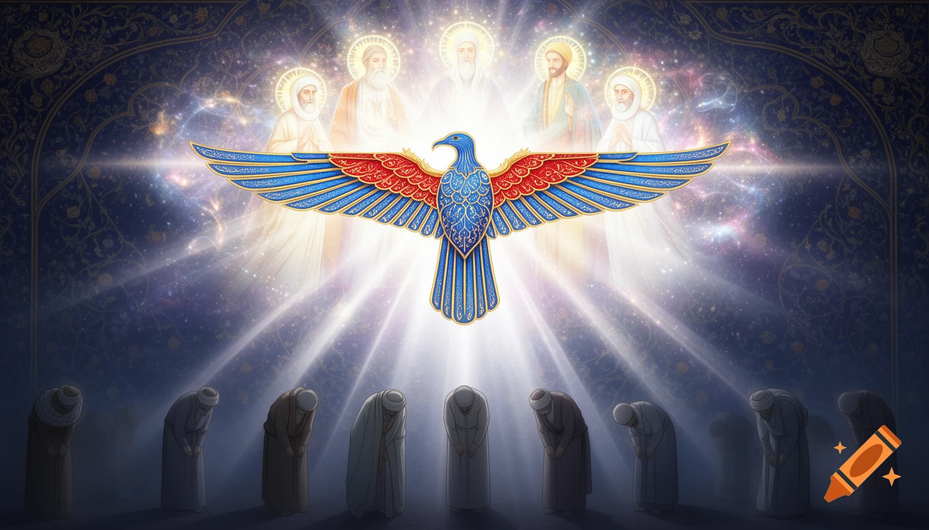 A vibrant Farvahar symbol with blue, red, and gold wings glows over bowing figures, with luminous religious figures above, against a cosmic and ornate background in a Persian miniature-anime style.