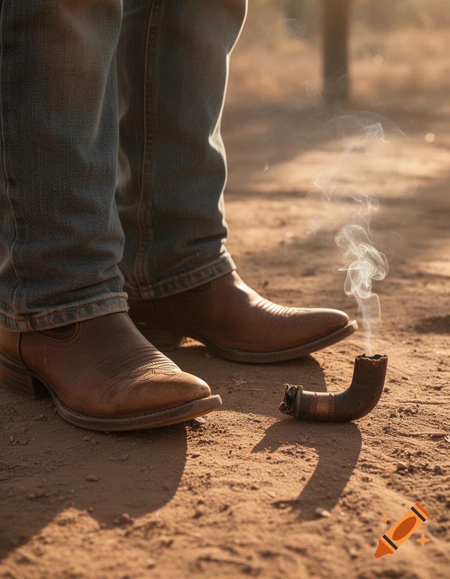 Close-up of a person wearing jeans and brown cowboy boots standing on dusty ground next to a broken, smoking pipe.