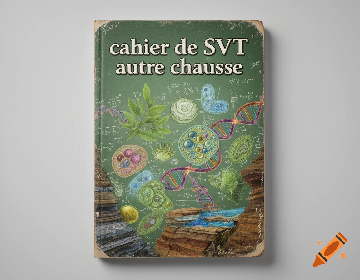 Vintage-style green book cover titled 'cahier de SVT autre chausse', featuring illustrations of DNA, leaves, cells, and rock formations.