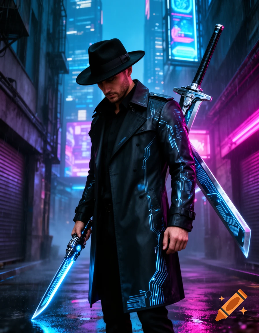 Mysterious man in a black fedora and cybernetic trench coat, holding a glowing blue blade and carrying a larger one, in a neon-lit cyberpunk alley.