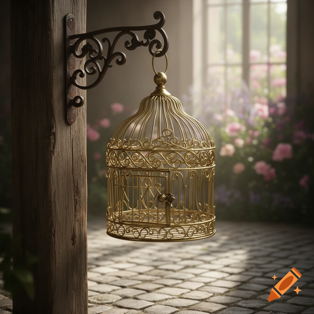 An ornate golden birdcage hangs from a wooden post in a sunlit garden with blurred flowers and a window.