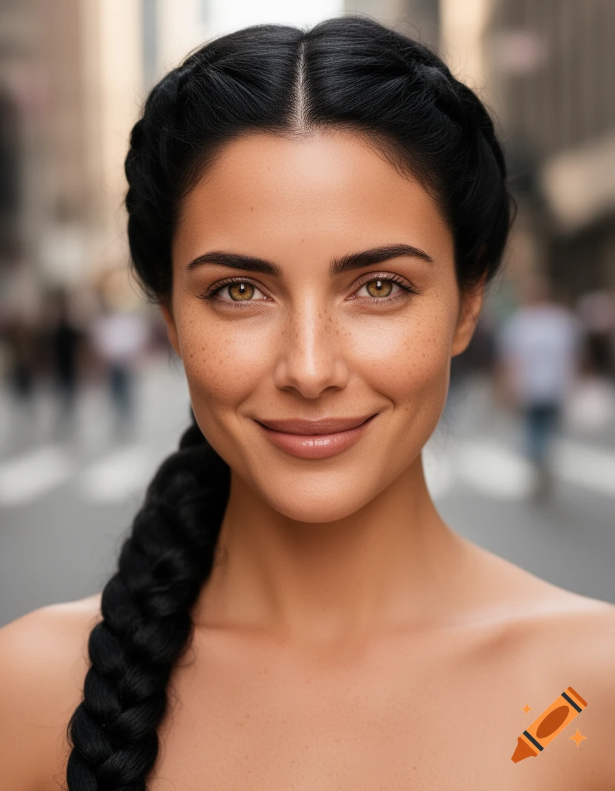 Close-up photorealistic portrait of a smiling woman with dark braided hair and freckles on a blurred street background.
