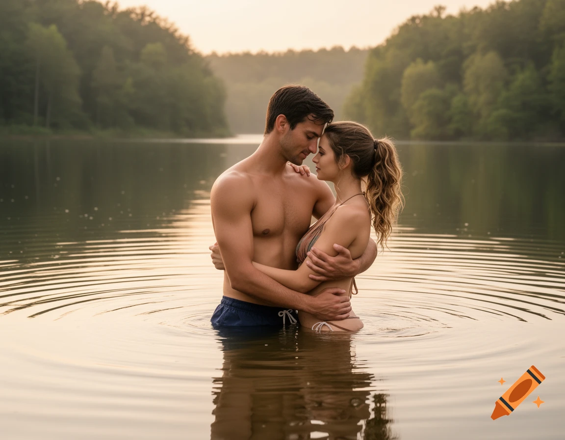 A man and woman embrace in a lake at sunset, surrounded by a lush forest.