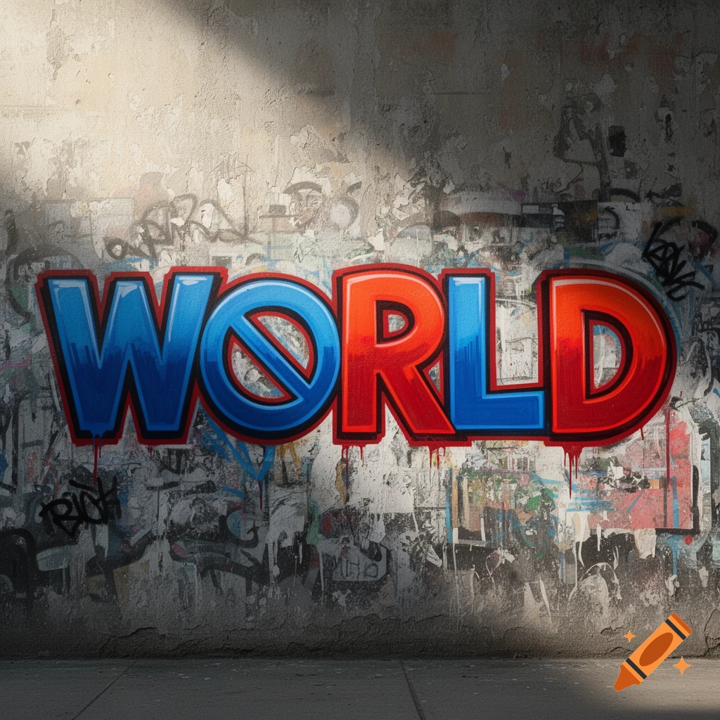 The word WORLD spray-painted in blue and red graffiti on a textured, worn wall, with a 'no' symbol replacing the 'O'.