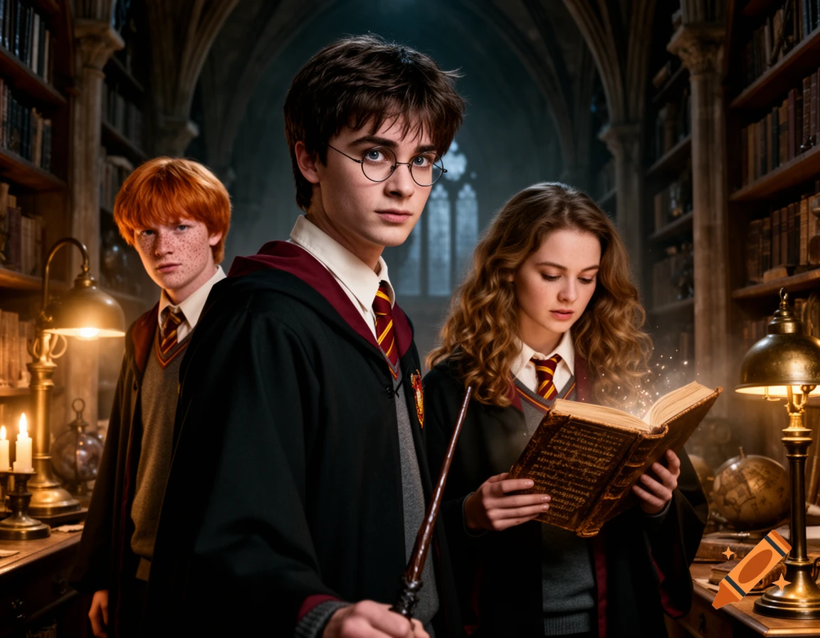 Harry Potter, Hermione, and Ron in a dimly lit library. Harry holds a wand, Hermione reads a glowing book, and Ron stands behind them.